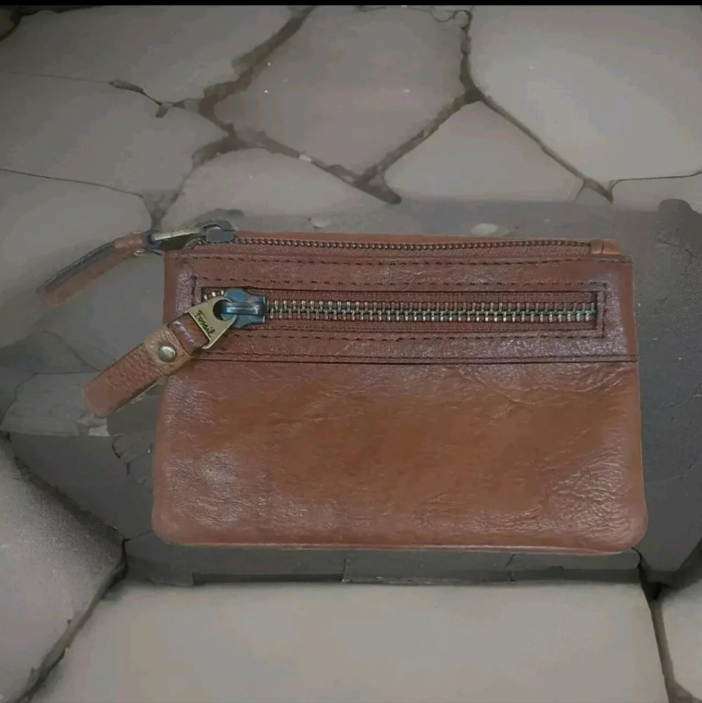 Fossil double zipper Pebbled Brown Leather wallet vintage - Picture 3 of 8